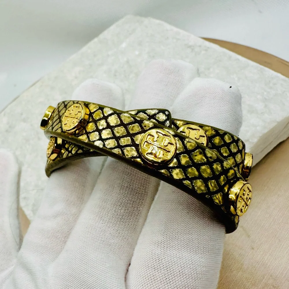 EUC Tory Burch Miller Stud Double Wrap Metallic Gold Exotic Snakeskin Bracelet